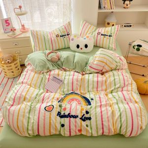 Youju Love A Super Soft Cartoon Towel Embroidered Thickened Bed Sheet Duvet Cover Bedding Student Dormitory Set 4LZD