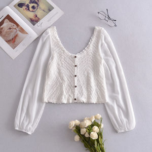 Women Blouse French Knitted Bubble Long Sleeve Jacket Crop Top Baju Wanita 女装针织上衣 Short Top Korean Style Fashion T-028-B