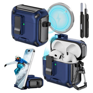 One Click Pop-up Headphone Case with Phone Stand For AirPods Pro 3 (2025) / 4th / Pro 2 / 3rd Gen Military Hard Case with Magnetic Lock Cover For Airpods 2/1 Earphones Protection Cover with Keychain