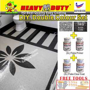 ( Double Colour Flake Full Set ) Epoxy Flakes Coating ( 1KG GREY MIX / 1KG BLACK / 2L PRIMER / 2L CLEAR / TOOLS )