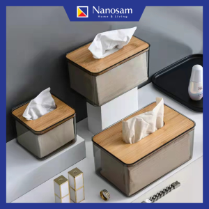 Transparent Tissue Box with Bamboo Wooden Cover Home Living Room Car Creative Coffee Table Desktop Kotak Tisu Buluh