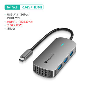 Yottamaster USB C Hub 6 In 1 Type C Hub USB C to 4K 60Hz HDMI PD100W 2.5G RJ45 USB 3.1 Adapter Splitter