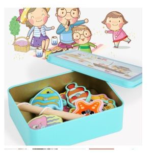 Mainan Pancing Ikan Magnet - Termasuk 15 Ikan Magnet, Pancingan Kayu, dan Kotak Besi - Terbuat dari Kayu Halus - Desain Menarik