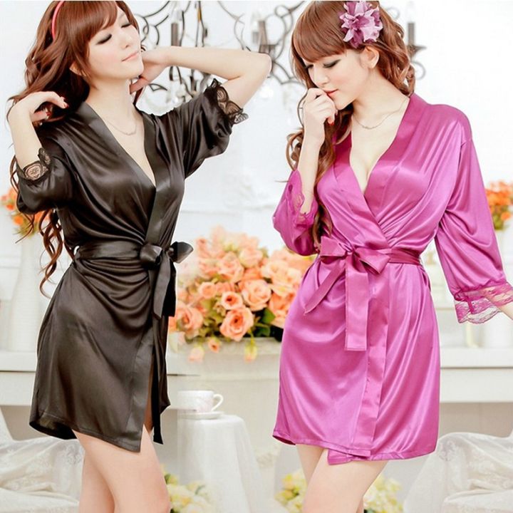 New Women Faux Satin Lace Silk Underwear Lingerie Sleepwear Rob