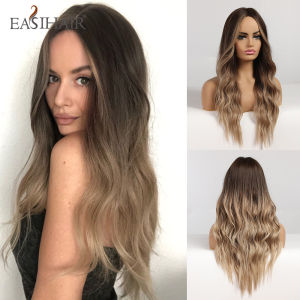 EASIHAIR Tóc giả sóng dài cơ thể Ombre Màu đen nâu Tóc vàng tổng hợp Tóc giả Cosplay Phần giữa Tóc giả chịu nhiệt tự nhiên cho phụ nữ2026