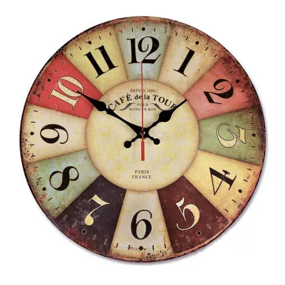 12 Inch Retro Wooden Wall Clock Farmhouse Decor Silent Non Ticking Wall Clocks Large Decorative - Big Wood Analog Battery Operated - Vintage Rustic Colorful Tuscan Country Outdoor