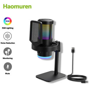 Haomuren USB ไมโครโฟนคอนเดนเซอร์ RGB แตะเพื่อปิดเสียง ตัดเสียงรบกวน แจ็คหูฟัง การควบคุมการตรวจสอบสำหรับการบันทึก สตรีมมิ่ง การเล่นเกม