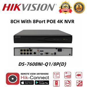 Hikvision NVR DS-7608NI-Q1/8P(D) 8CH With 8Port POE 4K NVR  Network Video Recorder For IP Camera