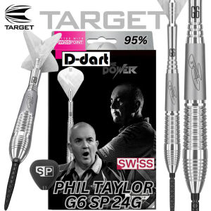 TARGET STEEL TIP DARTS - 22G/24G PHIL TAYLOR G6 POWER 9FIVE SILVER (SWISS) SP 95% TUNGSTEN DART SET