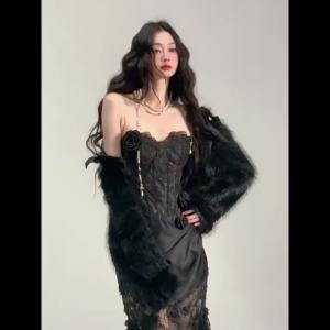 Đầm đen phong cách Pháp cao cấp đầm dạ hội xương cá nặng đầm ôm sát kiểu đuôi cá thanh lịch đầm sinh nhật