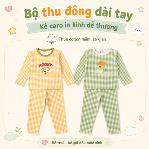 Bộ Thu Đông Dài Tay Bé Trai Bé Gái Kẻ Caro In Hình Dễ Thương 8 ~ 21kg - KimKim Kids