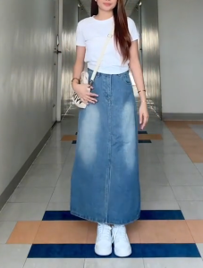 Denim skirt Retro blue front slit womens straight high waist all-match a-line long skirt PLUS SIZE