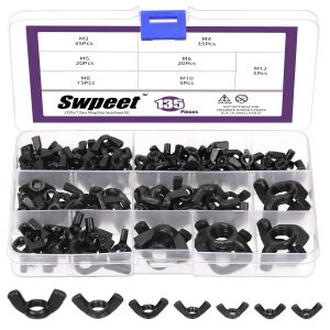 Swpeet 135Pcs Black High Strength Carbon Steel Serrated Metric Wing Nuts Butterfly Nuts Hex Dome Cap Assortment Kit 7 Sizes - M3 M4 M5 M6 M8 M10 M12
