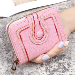 New Korean Style Womens Short Wallet Zipper Buckle Wallet Lychee Pattern Embroidered Solid Color Coin Purse ID Card Holder [ Free Shipping ]