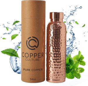 100% Pure Copper Water Bottle for Drinking Water – 34 oz (1000ml) Hammered Finish with Leak-Proof Lid Copper Vessel for Yoga Gym Office Home & Travel