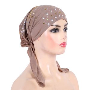 BESTITIT Gold Sequins Turban Hijab Cotton Solid Color Headscarf Hat Fashion Breathable Pull On Headwrap