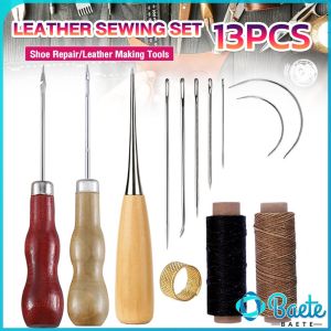 Baete 13pcs DIY Leather Sewing Kit Sewing needle/Wooden Handle Awl/Wax Thread/Sewing Awl