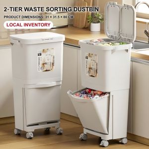 2 Tier Sorting Kitchen Dustbin Dual Compartment Flip‑Lid Recycling Bin with 4 Movable Wheels for Household