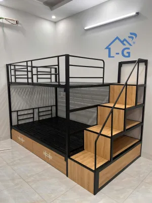 Giường Tầng Sắt Cầu Thang Hộp Có Hộc Kéo MDF – Giường 2 Tầng Khung Sắt Chắc Chắn Tiết Kiệm Không Gian