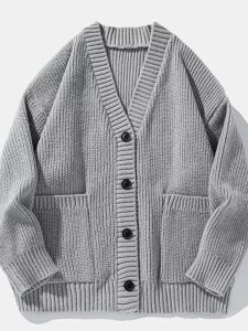 Autumn Mens Casual Textured Pockets Cardigan Y2K Vintage Streetwear V-neck Knitted Sweaters Korean Fashion Cardigans Hombre2026