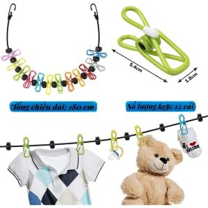 Dây Phơi Đồ Du Lịch Có Móc 180cm 12 Kẹp | Nút Chặn Di Chuyển Cuộn Gọn Sắp Cùng Hành Lý Khi Đi Xa