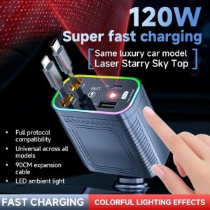 W0AGZ4J2 120W Car Phone Charger Starlight 4-in-1 Charging Adapter Portable Dual Type C Cable Auto Power Adapter