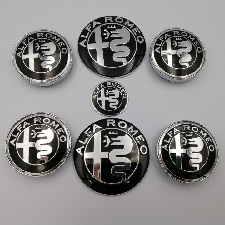 7pcs Car Center Hub Caps, for Alfa Romeo New Logo 74mm Hood Trunk 40mm Steering Wheel Badge 60mm Wheel Center Cap Emblem Brera 159 SW New Spider Giulietta