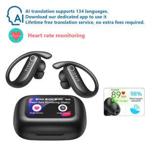 HTC NE61 AI Translator Wireless Bluetooth Earbuds Heart Rate Monitor Supports Real-Time Translation in 134 Languages IPX5 Waterproof with LCD Full Color Touch ScreenWorks with IOS & Android