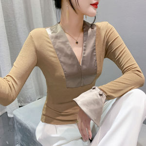 YIMEI 2023 Autumn/Winter New Fashion Korean V-neck Womens T-shirt New Mesh Horn Long Sleeve Spring Top Temperament Slim Fit Black Underlay Shirt