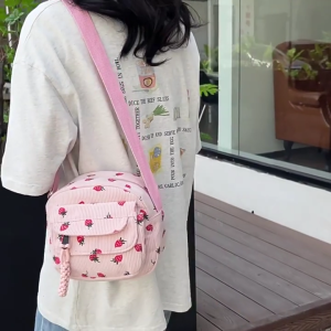 Fashionable Corduroy Crossbody Bag with Multiple Compartments Cute Strawberry Print Small Shoulder Bag Purse for Ladies