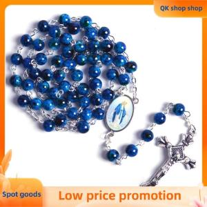 ✨QK shop✨ Catholic Rosary Small Size Round Blue Glass Beads Virgin Mary Necklace