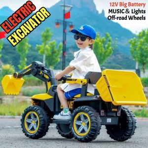 12V Kids Electric Excavator Ride On Car Digger Dump Truck with Electric Arm Dump Bucket Music LED Light Swing Early Education Anti-Rollover All-Terrain Tires for 2-9Y Boys Girls 50kg Load