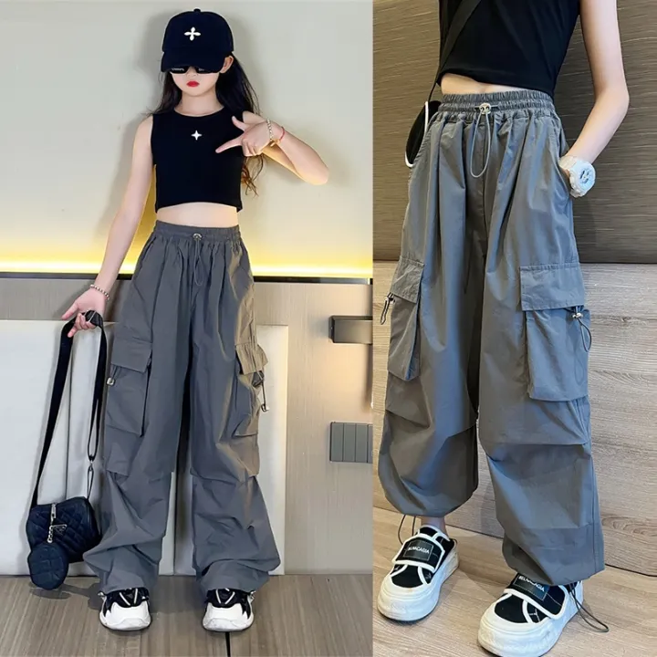 Summer Pants Jogger Pants for Kids Girls Candy Pants Cargo Pants for Teens  Girls 5-16 Years Old 4 Pocket Cargo Baggy Pants Casual Ice Silk Hight Waist  Kids Fashion Summer Loose Jogger