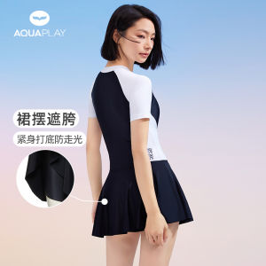 AquaPlay one-piece swimsuit womens conservative slimming swimsuit womens short sleeved skirt swimsuit rashguard surfing suit diving suit