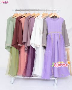 GAMIS TUTU ANAK PEREMPUAN USIA 4-9TH BAJU MUSLIM SET JILBAB BERGO GAMIS PUTIH CLARITA BY LABEBAH