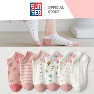 EUNSEO Kaos Kaki Mata Kaki Wanita Fashion Korea Motif Putih Pink Soft Premium