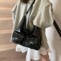 TSEVD Solid Color Multiple Pockets Backpacks Y2K Style Large Capacity PU Leather Crosbody Bag Casual Shoulder Bag Women's Backpack Outdoor. 