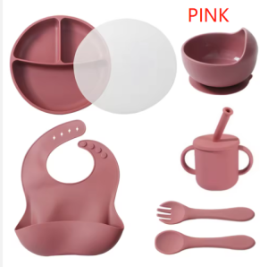 Baby Feeding 6pcs Silicone Baby Plate Set Infant Silicon Bib Suction Bowl Cup Spoon Forks Set.
