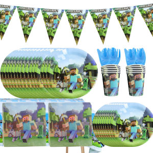 ข้ามพรมแดน Minecraft เครื่องประดับงานเลี้ยงวันเกิดอุปกรณ์ปาร์ตี้แผ่นกระดาษทิชชู่ถ้วยกระดาษผ้าปูโต๊ะกล่องขนมดึงธง