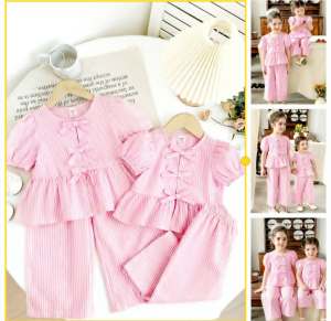 EE Elegant Pink Striped Bowknot Blouse with Flare Sleeves and High-Waist Pants for Women