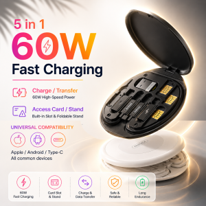 Multifunctional 60W USB Data Cable with Fast Charging and Storage Box - White or Black