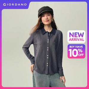 GIORDANO Women Cardigans Contrast Collar Striped Cardigans Embroidery Fashionable Casual Relaxed Cardigans 18356224