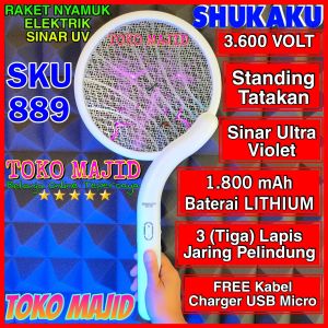 SHUKAKU SKU 889 NEW Model Raket Listrik Pembasmi Perangkap Nyamuk Sinar UV 3600V 1800 mAh Tiga Lapis Jaring Pelindung Elektrik GRATIS Kabel Charger USB Micro MULTIFUNGSI Desain Elegan Toko Majid
