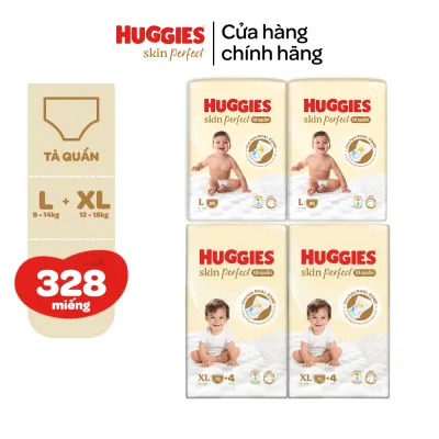 Combo 4 Tã quần Huggies Skin Perfect M98/L88/XL72/XXL64 Mega Jumbo với 2 vùng thấm giảm kích ứng da