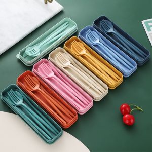 4Pcs/set Tableware Spoon Fork Chopsticks Knife Cutlery with Box for Children Adult Travel Portable Wheat Straw Tableware Case