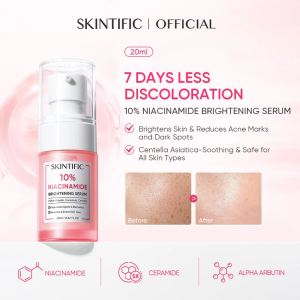 SKINTIFIC 10% Niacinamide Brightening Serum Dark Spot Fading Acne Mark Lightening Even Skin Tone Redness Soothing Glow Boosting Alpha Arbutin Whitening Facial Serum 20ml