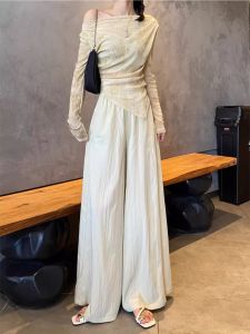 White july🌸กางเกงขาเว้าผู้หญิง กางเกงวินเทจ กางเกงขากว้างเอวยางยืดสไตล์ชิวๆ กางเกงขากว้างทรงหลวมทรงเดรปสไตล์ฮอต