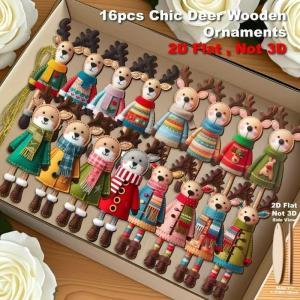 🔥🔥🔥fenglin 16Pcs 2D Colorful Christmas Reindeer Wooden Pendant Ornament Cartoon Christmas Tree Hanging Decoration For Home New Year Gift