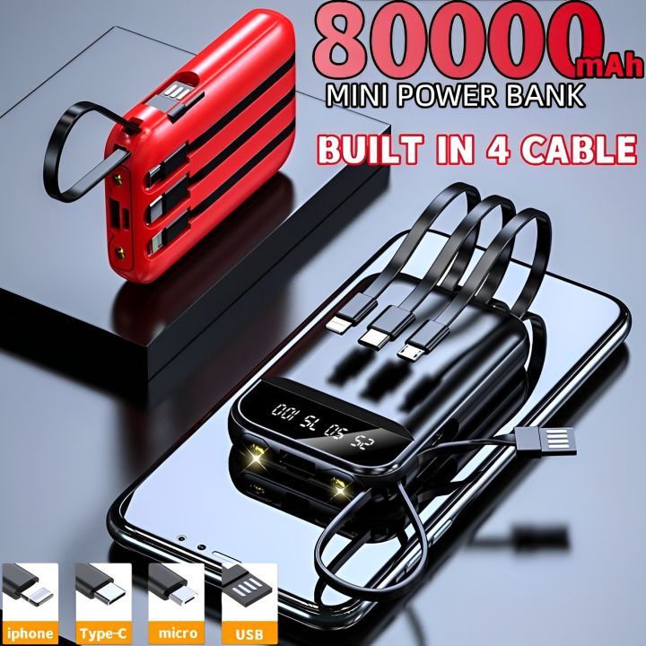 Mini Power Bank 80000mAh Pawar Bank Original Built In 4 Cable And LED ...