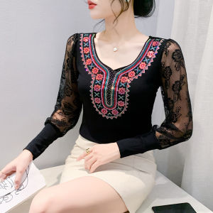 Yimei 2024 Áo thun nữ màu xanh dương cao cấp mới mùa thu châu Âu Station ôm vừa và giảm béo cổ tròn áo Thun Cơ Bản áo lưới kim cương giả dài tay ren đẹp